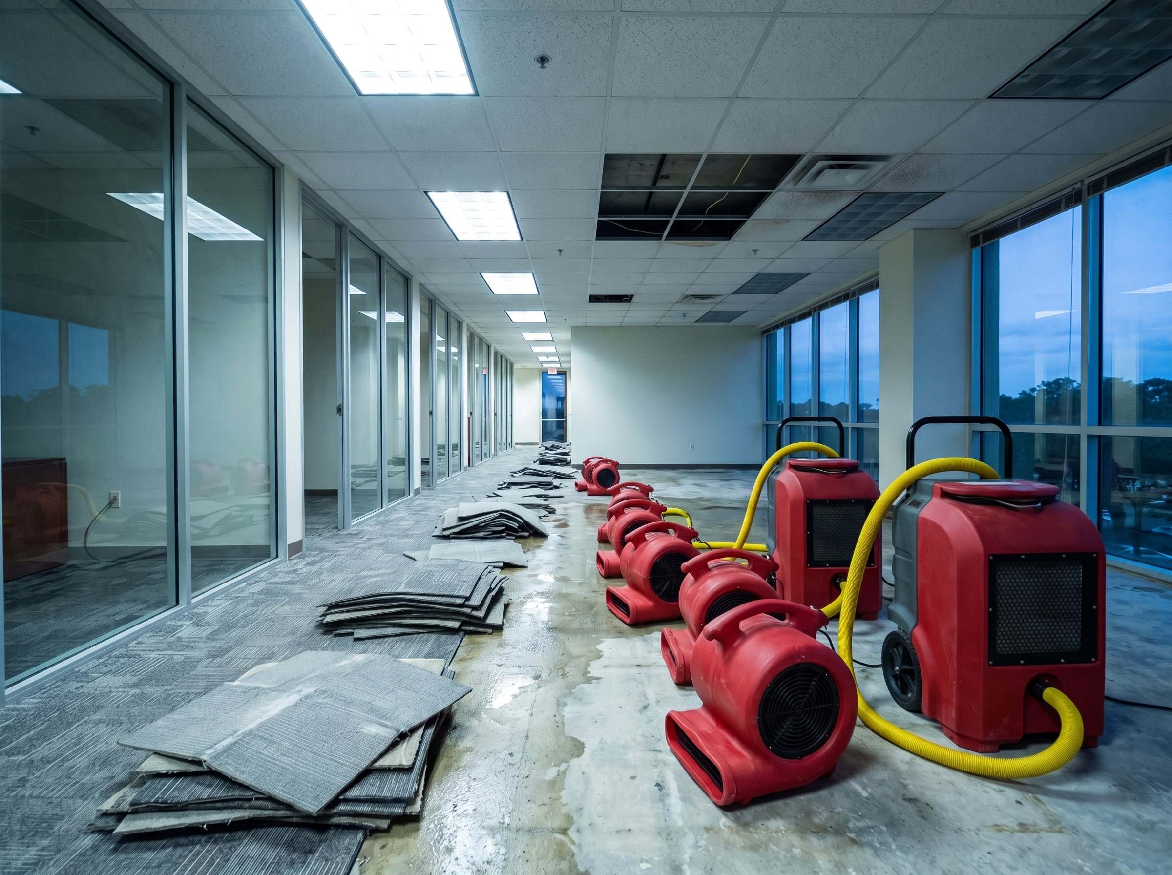 Red air movers and dehumidifiers drying an office corridor after a sprinkler leak