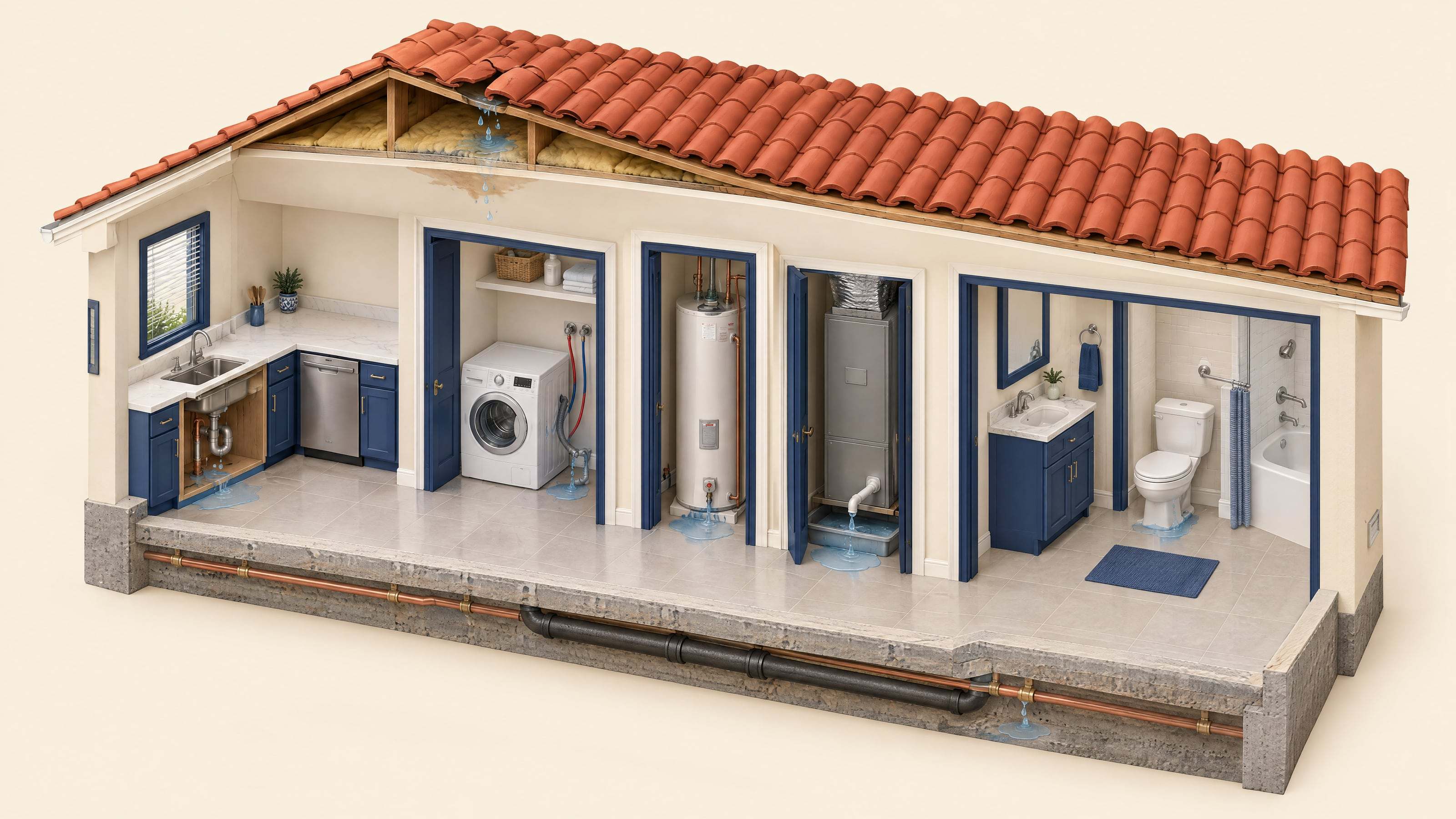 Cutaway illustration of a South Florida home showing where leaks start: a cracked roof tile, the kitchen sink, the washing machine, the water heater, the AC air handler drain pan, the toilet, and pipes under the slab