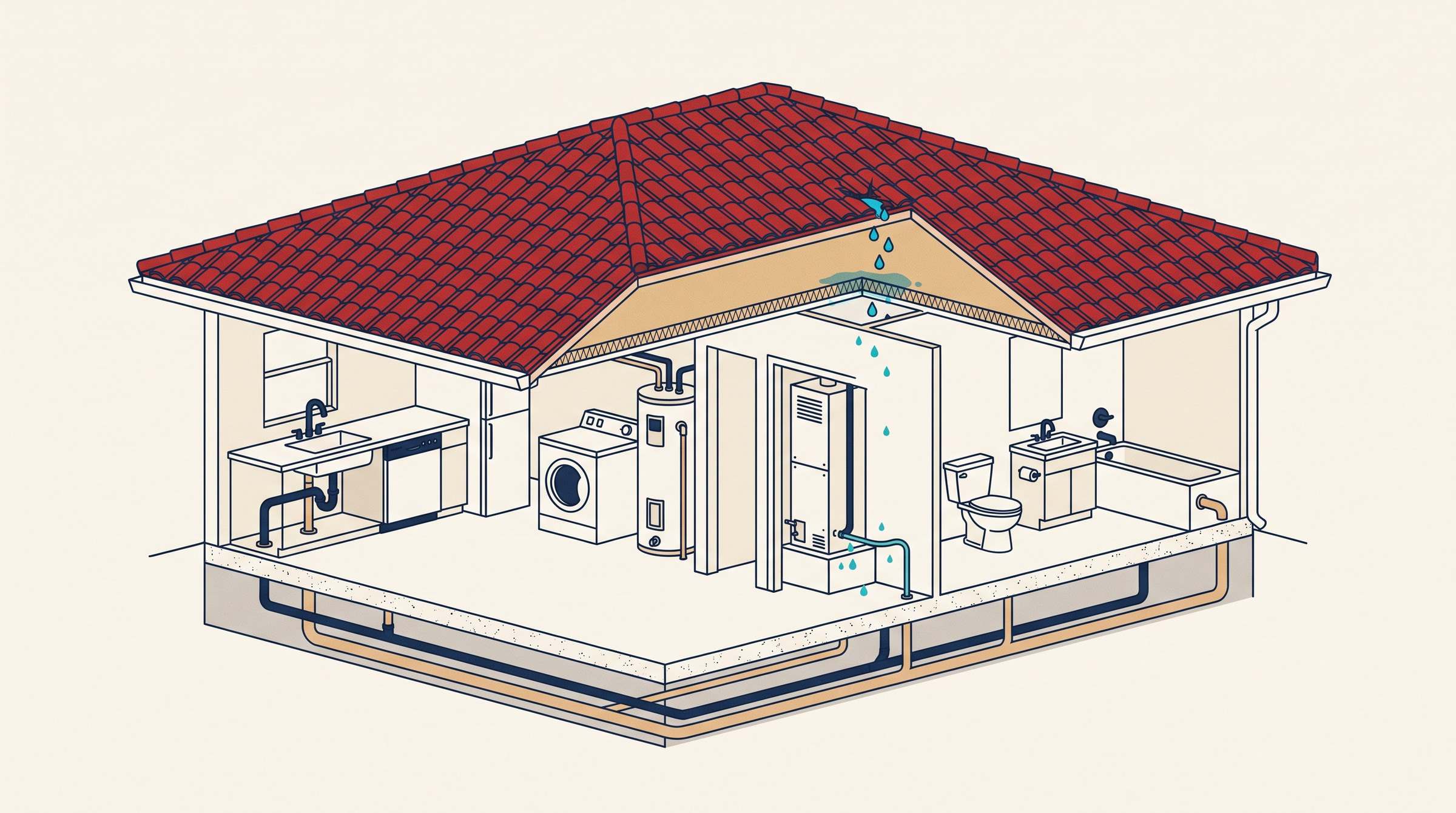 Illustrated cutaway of a South Florida home showing where leaks start: roof, AC air handler, water heater, washer, kitchen sink and slab pipes