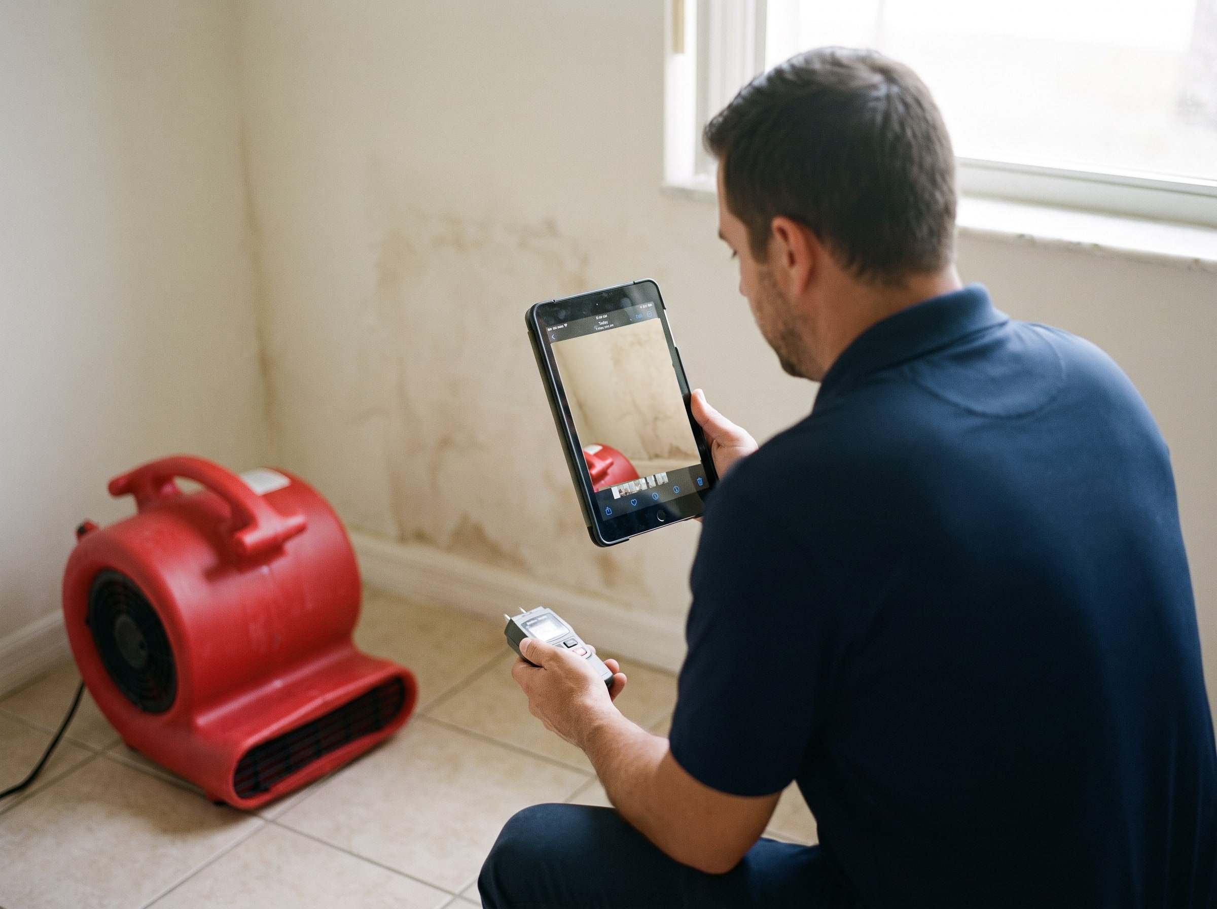 Technician photographing a water-stained wall with a tablet and holding a moisture meter to document the loss for insurance
