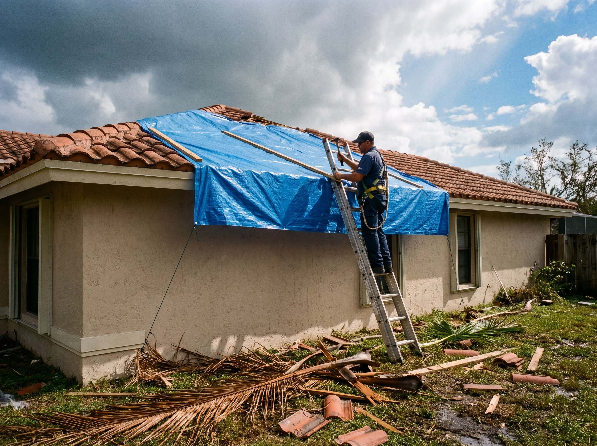 Crew member on a ladder securing a blue emergency tarp over a damaged barrel tile roof after a hurricane