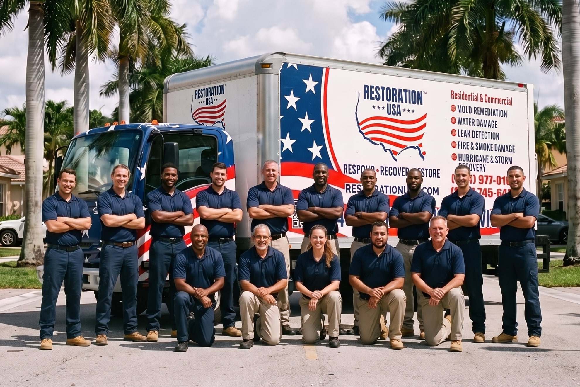 Restoration USA crew in navy uniforms lined up in front of a company box truck on a South Florida street