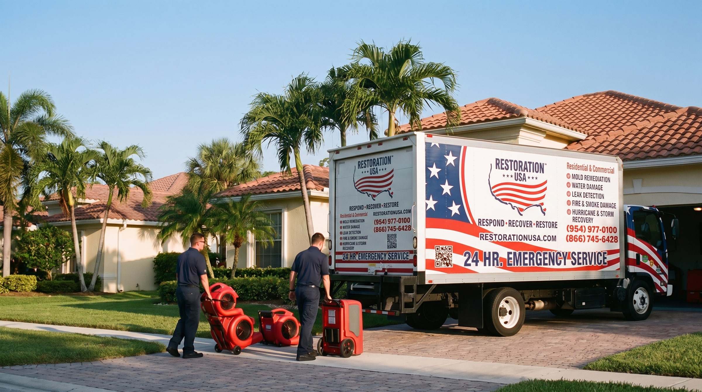 Restoration USA box truck at a South Florida home while two technicians roll red air movers and a dehumidifier up the driveway