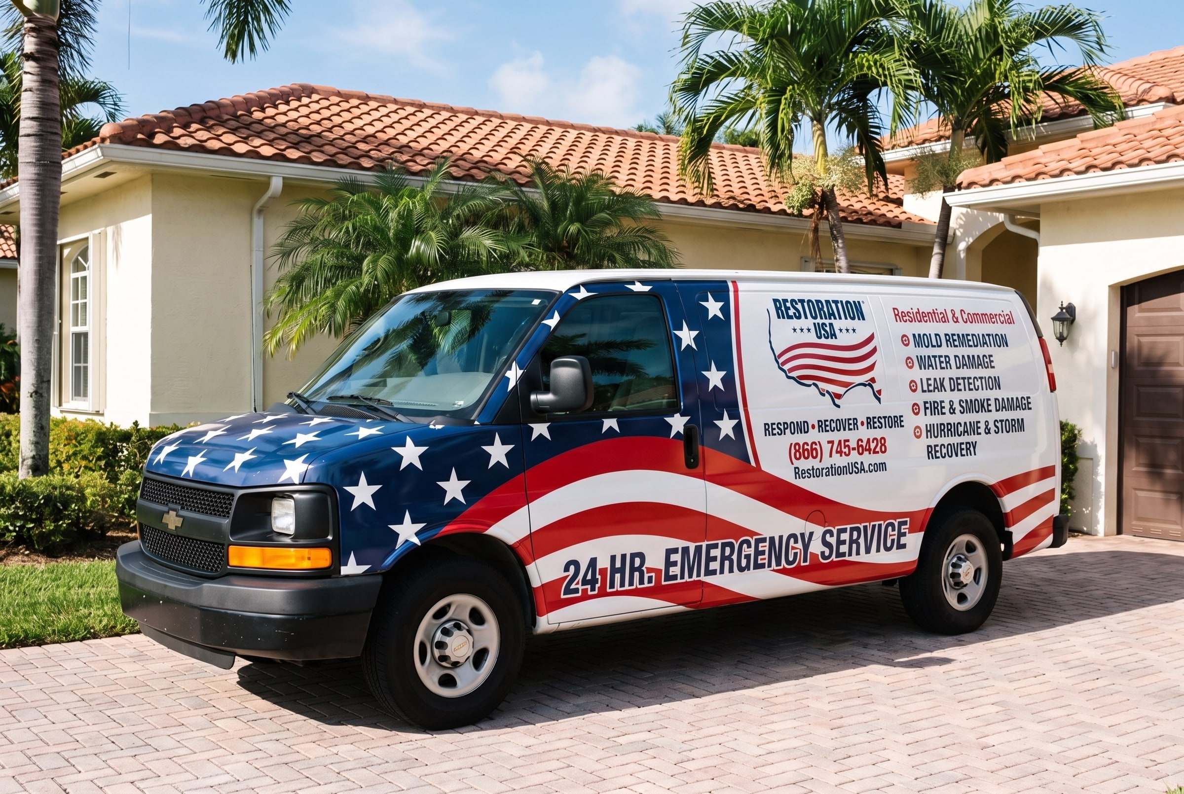 Restoration USA van in its stars-and-stripes wrap parked at a South Florida home with a barrel tile roof